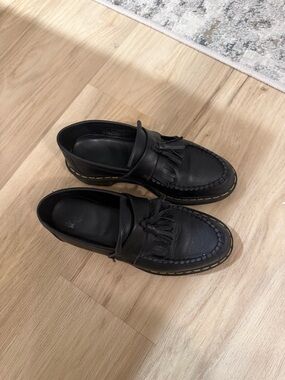 Dr. Martens Black Leather Tassel Slip-On Loafers with Yellow Stitching